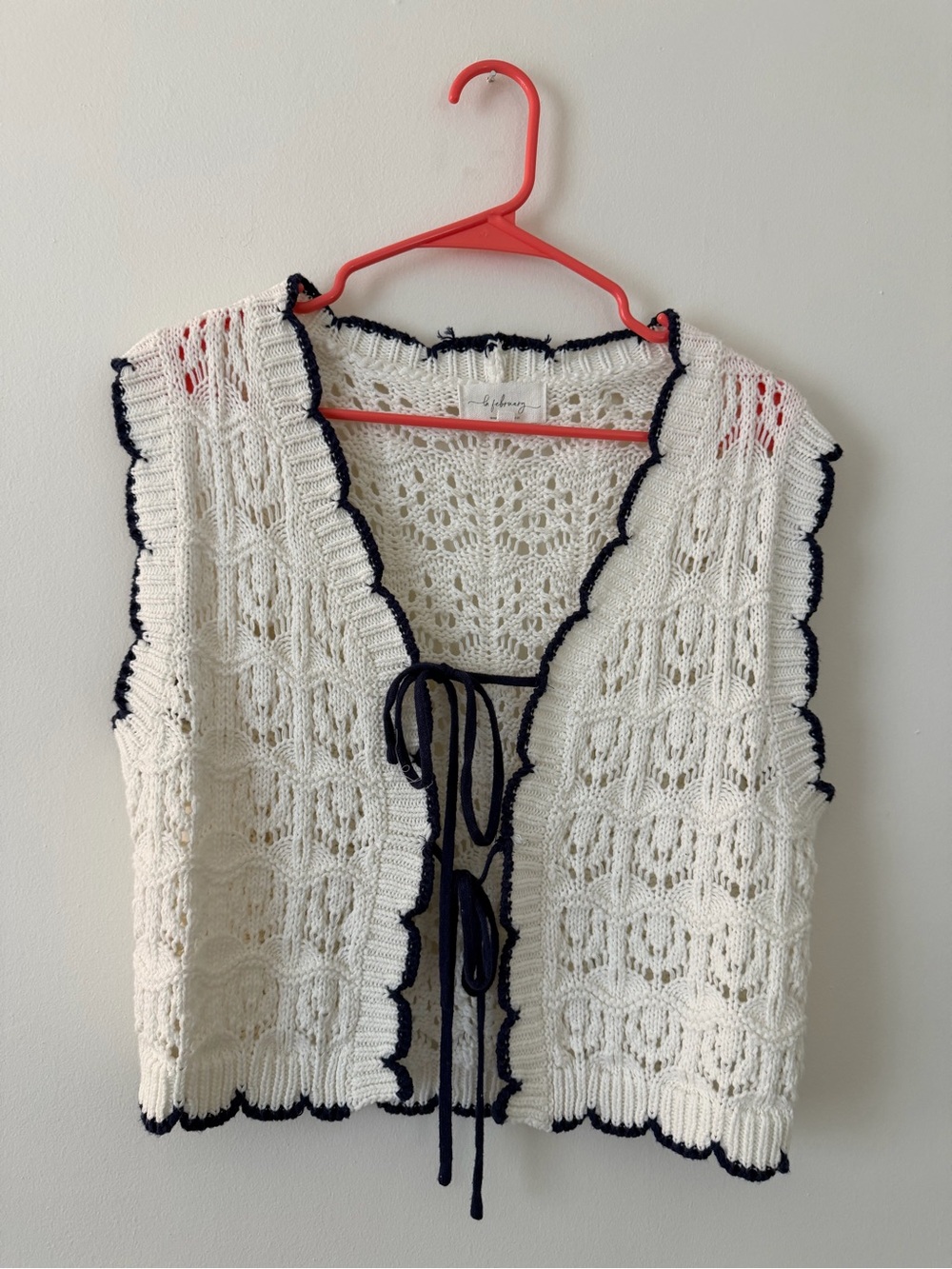 Open-Knit Tie-Front Cropped Vest - Ivory with Black Trim